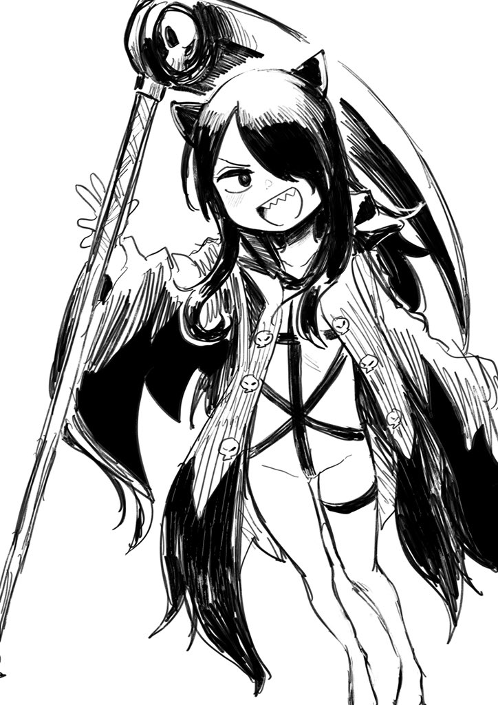 animal_ears bangs buttons cat_ears cloak commentary demon_girl grin holding holding_scythe holding_weapon long_hair long_sleeves no_pants original parted_bangs scythe sharp_teeth shiromanta skull smile solo teeth weapon