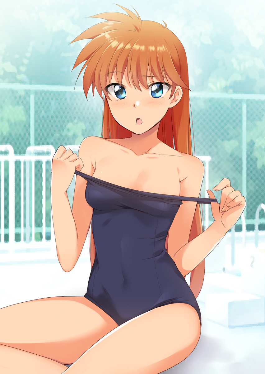 :o bangs bare_arms bare_shoulders blue_eyes blue_swimsuit blurry blurry_background blush breasts chain-link_fence cleavage collarbone covered_navel day eyebrows_visible_through_hair fence fingernails hair_between_eyes hair_down hands_up highres inaba_kyouko jigoku_sensei_nube kaiga long_hair looking_at_viewer old_school_swimsuit one-piece_swimsuit orange_hair outdoors pool_ladder poolside raised_eyebrow school_swimsuit shiny shiny_hair sitting small_breasts solo strap_pull swimsuit tree yokozuwari