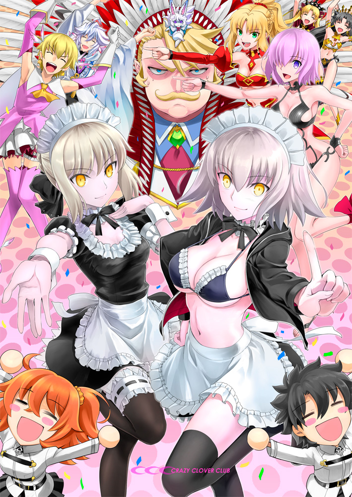 6+girls :d =_= ahoge ankle_ribbon apron artoria_pendragon_(all) artoria_pendragon_(swimsuit_rider_alter) artoria_pendragon_(swimsuit_rider_alter)_(cosplay) bangs bikini_top black_dress black_hair black_legwear black_ribbon blonde_hair blush_stickers braid breasts carnival_phantasm chaldea_uniform closed_mouth commentary_request confetti cosplay dress earrings ereshkigal_(fate/grand_order) eyebrows_visible_through_hair fang fate/grand_order fate/kaleid_liner_prisma_illya fate_(series) fou_(fate/grand_order) french_braid frilled_apron frills fujimaru_ritsuka_(female) fujimaru_ritsuka_(male) gilgamesh gordes_musik_yggdmillennia hair_between_eyes hair_ornament hair_over_one_eye hair_ribbon hair_scrunchie hoop_earrings illyasviel_von_einzbern index_finger_raised ishtar_(fate/grand_order) jeanne_d'arc_(alter)_(fate) jeanne_d'arc_(fate)_(all) jewelry large_breasts leg_up long_sleeves looking_at_viewer maid_apron maid_headdress mash_kyrielight merlin_(fate) mordred_(fate) mordred_(fate)_(all) multiple_boys multiple_girls navel open_mouth orange_hair orange_scrunchie parody pink_legwear prisma_illya prisma_illya_(cosplay) purple_bikini_top purple_hair red_ribbon ribbon saber_alter scrunchie shirotsumekusa shuten_douji_(fate/grand_order) shuten_douji_(fate/grand_order)_(cosplay) siblings sisters small_breasts smile thighhighs tiara underboob waist_apron white_apron white_hair wrist_cuffs yellow_eyes