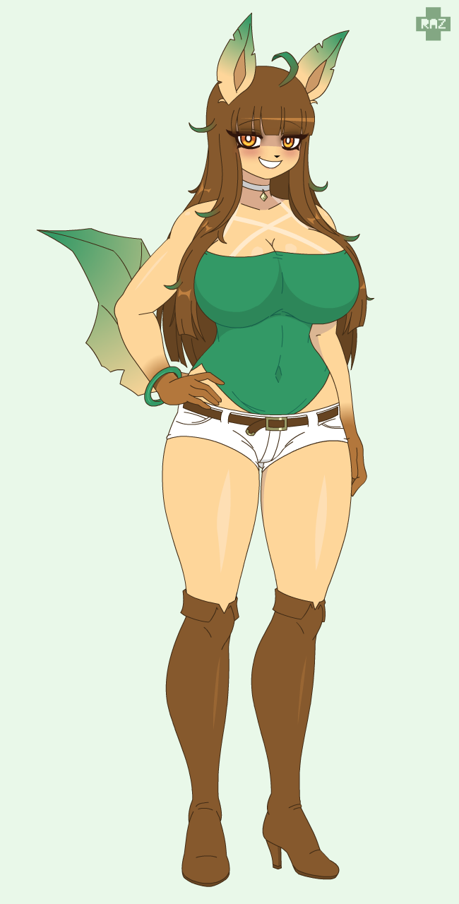 big_breasts boots breasts brown_hair clothing eeveelution female footwear hair leafeon long_hair nintendo pok&eacute;mon pok&eacute;mon_(species) razplus shoes solo suntan tan_line video_games