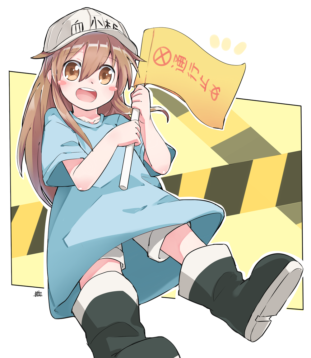 baseball_cap blue_shirt blush_stickers boots brown_eyes flag full_body hair_between_eyes hat hataraku_saibou light_brown_hair long_hair nobu_baka open_mouth platelet_(hataraku_saibou) shirt short_sleeves smile solo