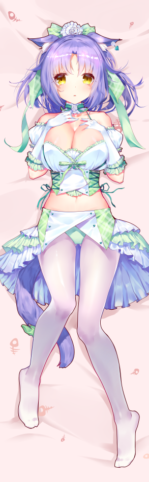 animal_ears ass_visible_through_thighs bangs bare_shoulders bed_sheet breasts cat_ears cat_tail choker cinnamon_(sayori) cleavage dakimakura detached_sleeves full_body gloves green_panties green_ribbon hair_ribbon hands_on_own_chest large_breasts looking_at_viewer lying medium_hair midriff nekopara on_back panties pantyhose parted_lips puffy_detached_sleeves puffy_sleeves purple_hair ribbon solo t_lege_d tail underwear white_gloves white_legwear yellow_eyes