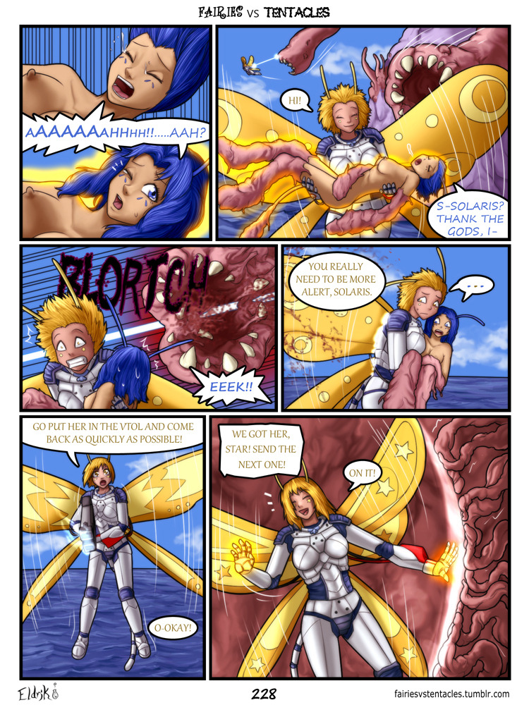 antennae armor better_version_at_source birth blood bobbydando breasts colored comic dialogue english_text facial_markings fairies_vs_tentacles fairy female humanoid markings nipples not_furry nude tentacles text wings