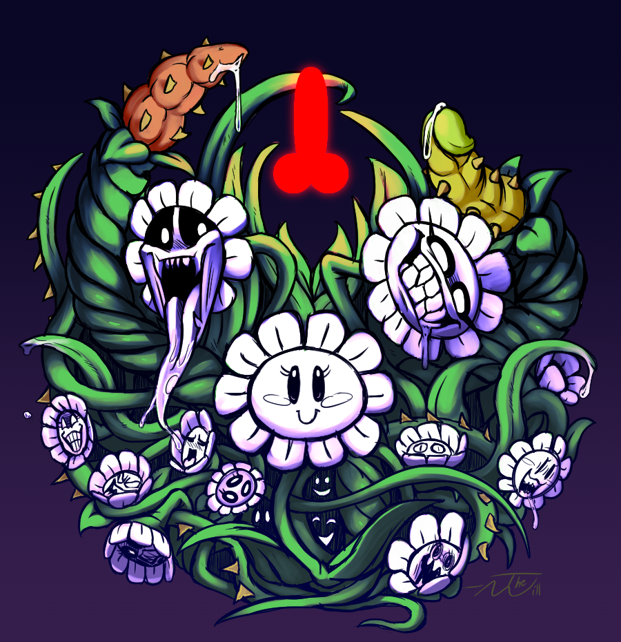 ambiguous_gender digital_media_(artwork) flora_fauna flower flowey_the_flower looking_at_viewer not_furry penis_tentacles plant precum smile tentacles thewill under(her)tail undertale video_games