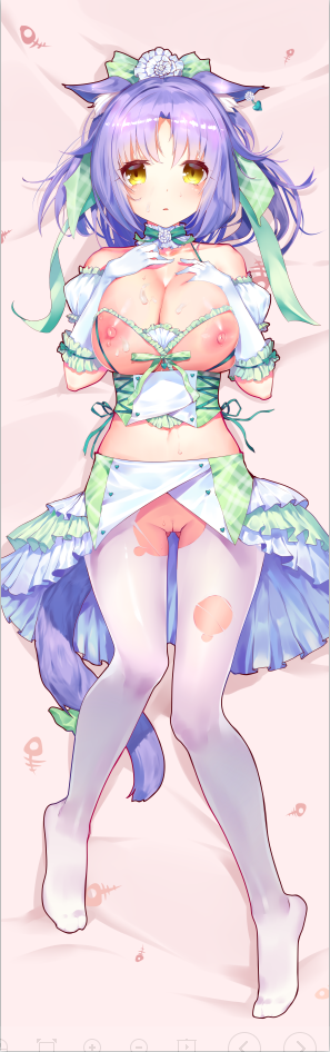 animal_ears ass_visible_through_thighs bangs bare_shoulders bed_sheet breastless_clothes breasts cat_ears cat_tail choker cinnamon_(sayori) cleavage dakimakura detached_sleeves full_body gloves green_ribbon hair_ribbon hands_on_own_chest large_breasts looking_at_viewer lying medium_hair midriff nekopara nipples no_panties on_back pantyhose parted_lips puffy_detached_sleeves puffy_sleeves purple_hair pussy ribbon solo t_lege_d tail torn_clothes torn_legwear white_gloves white_legwear yellow_eyes