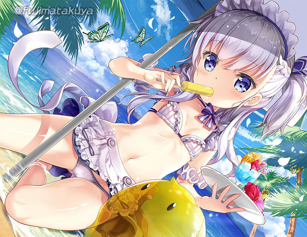 apron azur_lane beach beach_umbrella belchan_(azur_lane) belfast_(azur_lane) blue_eyes braid breasts bug butterfly commentary_request day dutch_angle eating eyebrows_visible_through_hair fisheye food french_braid fujima_takuya horizon insect long_hair looking_at_viewer maid_bikini maid_headdress mouth_hold navel one_side_up outdoors popsicle side_braid silver_hair sitting small_breasts solo tray umbrella waist_apron water yokozuwari