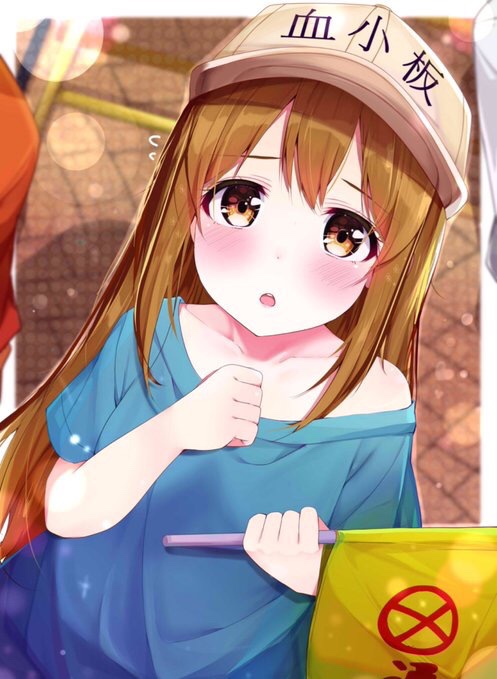 :o bangs bare_shoulders blue_shirt blurry blurry_background blush brown_eyes brown_hair collarbone commentary_request depth_of_field eyebrows_visible_through_hair flag flying_sweatdrops hair_between_eyes hands_up hataraku_saibou holding holding_flag long_hair looking_at_viewer parted_lips platelet_(hataraku_saibou) rouka_(akatyann) round_teeth shirt short_sleeves solo teeth upper_teeth very_long_hair