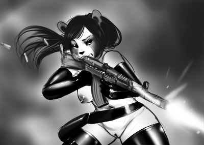 ak-47 anthro armwear assault_rifle bear big_ears black_hair black_nose breasts bullet_casing chanrom clothing female firing_gun gun hair legwear long_hair mammal nipples panda pussy ranged_weapon rifle satchel shell_casing solo weapon