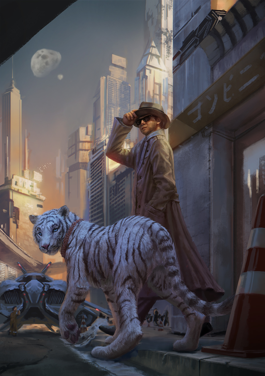 2018 balls barely_visible_genitalia blue_eyes butt city clothed clothing conditional_dnp day detailed_background digital_media_(artwork) feline feral fur hi_res human latex_(artist) male mammal outside pink_nose sky standing striped_fur stripes tiger white_fur