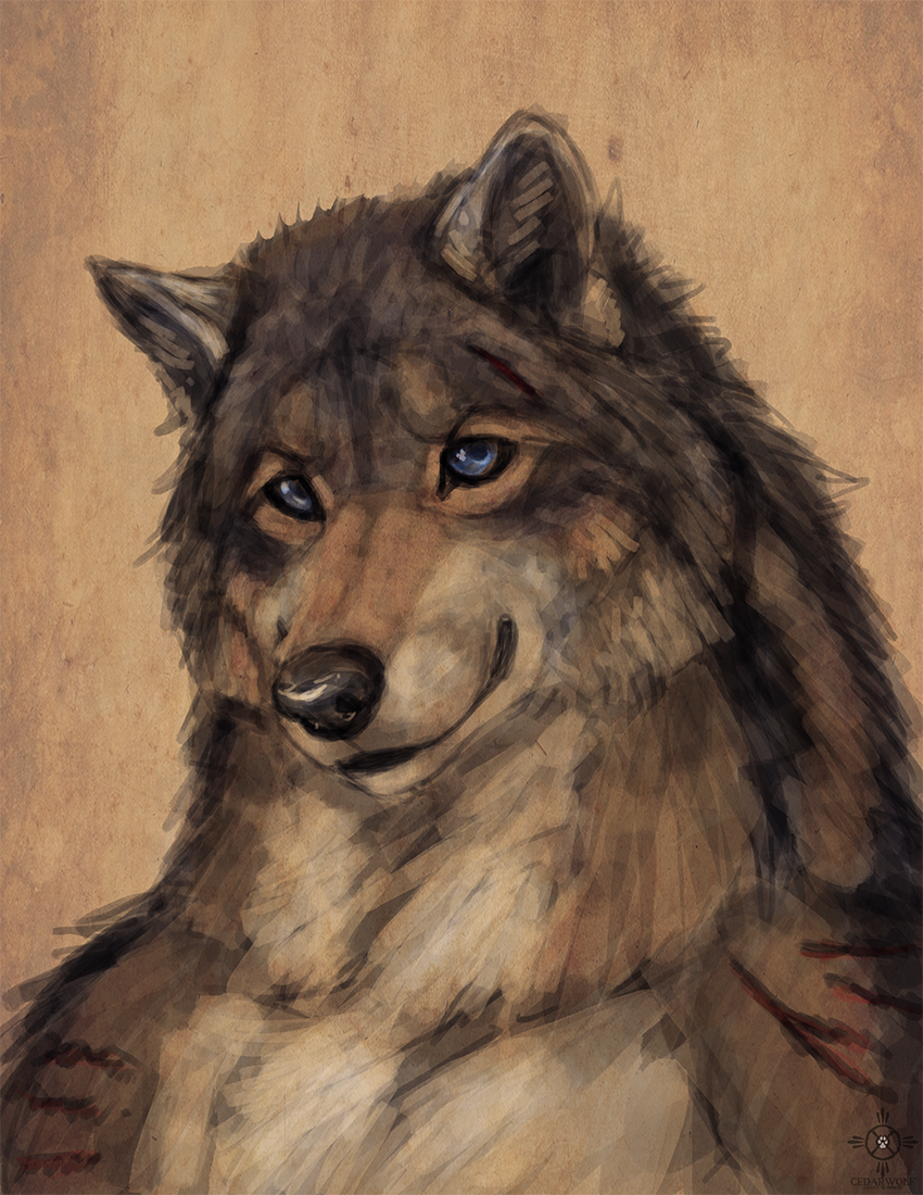 2018 anthro blue_eyes canine cedarwolf digital_media_(artwork) male mammal portrait rakan scar were werewolf wolf