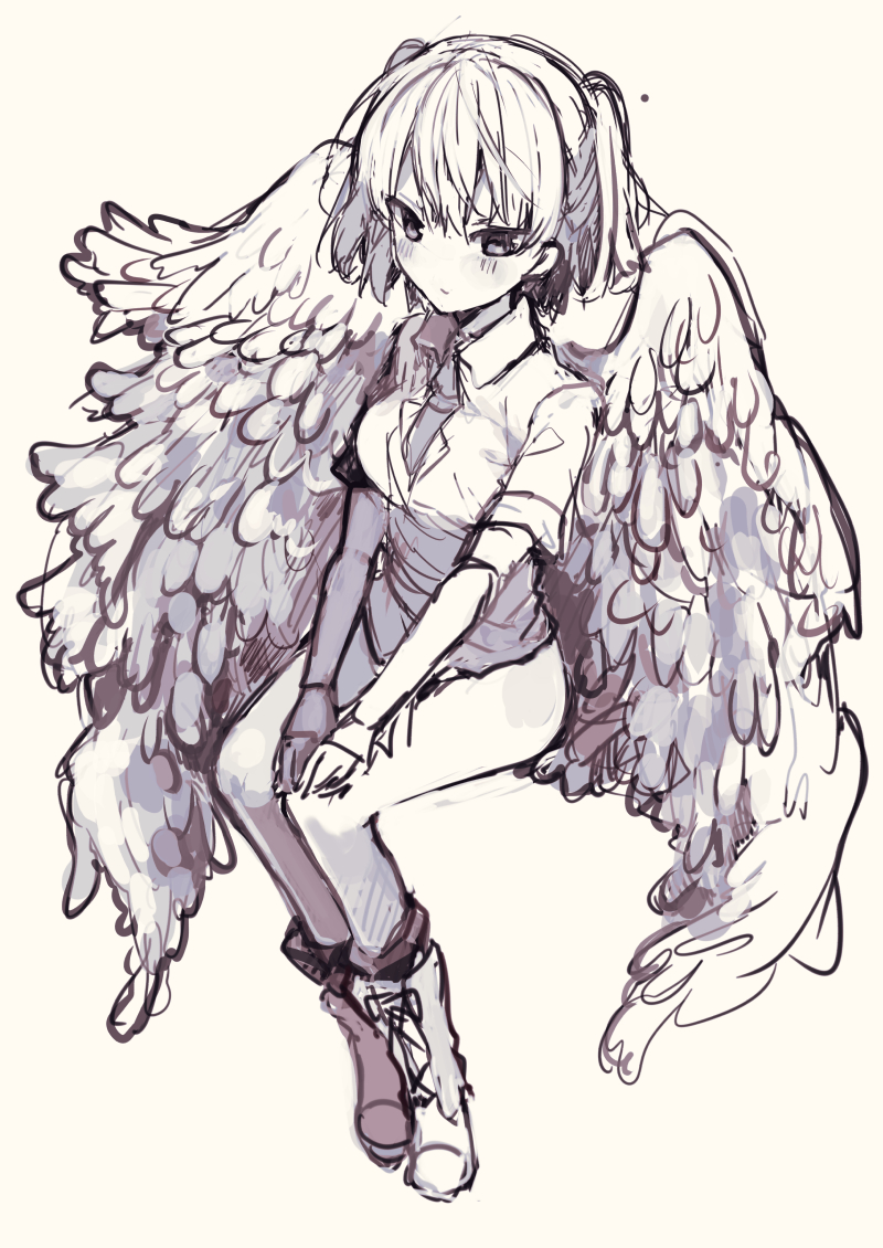 angel_chromosome_xx angel_wings boots collared_shirt full_body grey_background greyscale ikeuchi_tanuma invisible_chair legs_together looking_at_viewer monochrome multiple_wings necktie neon_genesis_evangelion shirt short_hair short_sleeves simple_background sitting sketch solo tabris tabris-xx twintails wing_collar wings