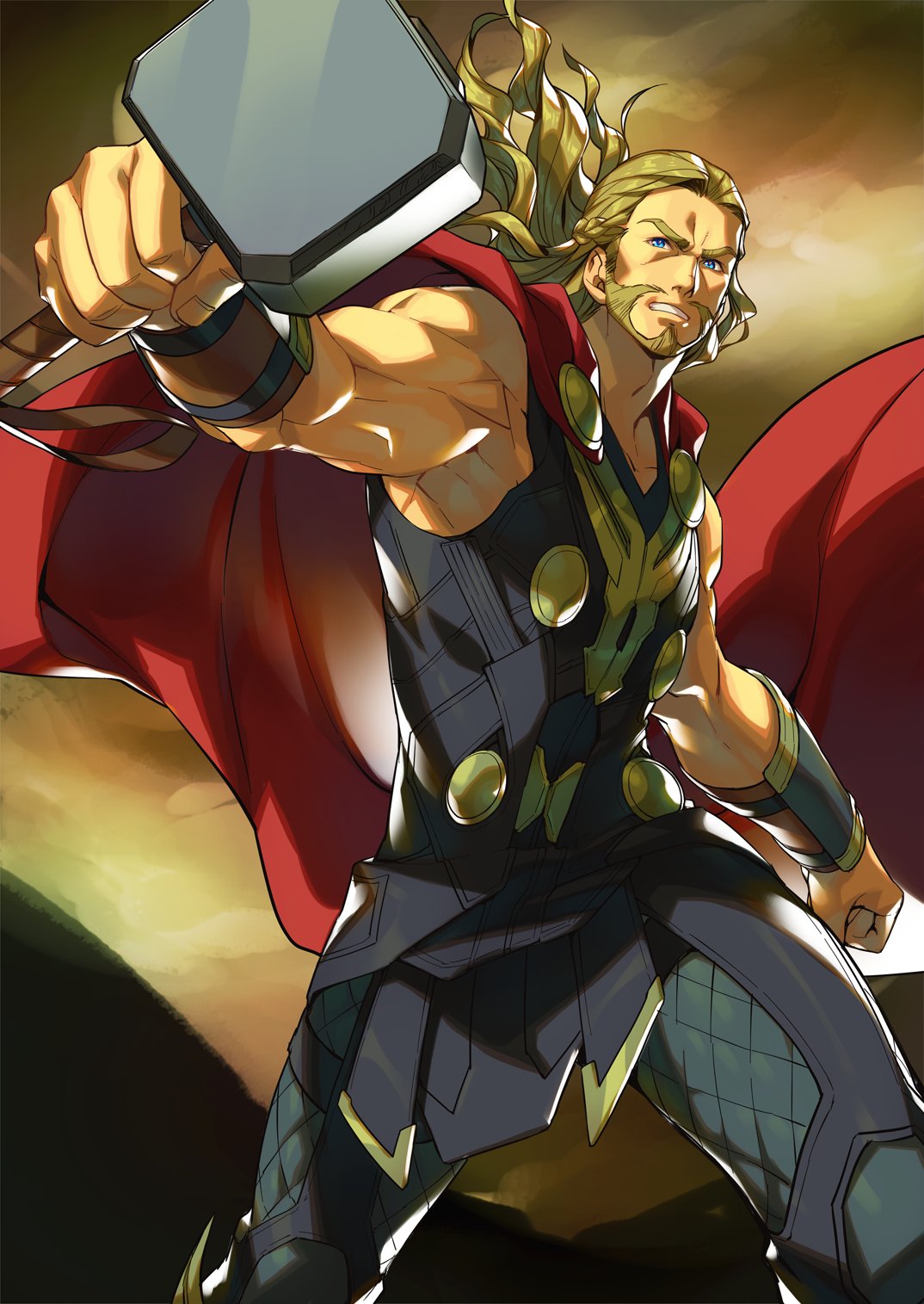 1boy beard blonde_hair blue_eyes bracer cape clenched_hands closed_mouth commentary_request facial_hair fingernails hammer highres holding holding_weapon kotatsu_(g-rough) long_hair male_focus marvel mjolnir muscle pants red_cape smile solo standing thor_(marvel) weapon