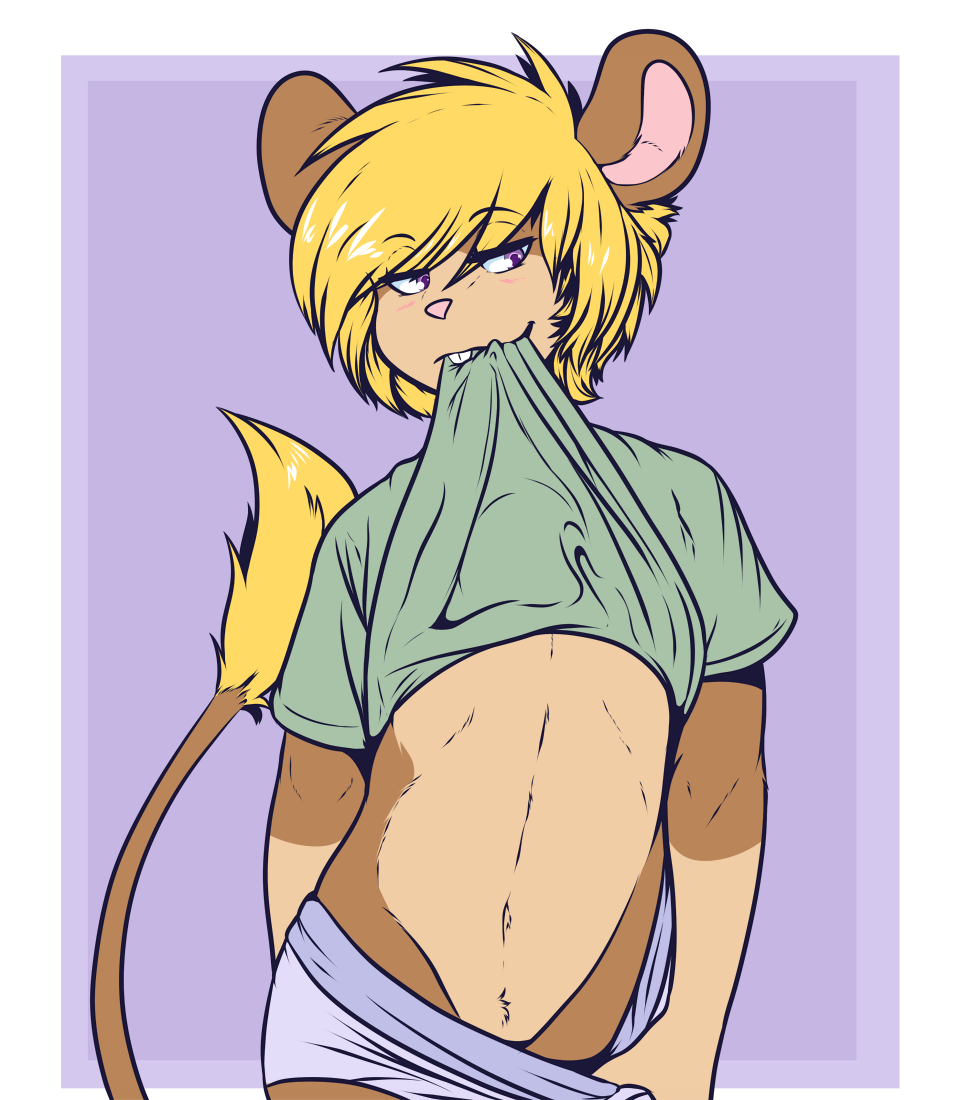 2017 anthro blush clothed clothing clothing_lift crackers crackers_(character) looking_at_viewer male mammal mouse navel rodent shirt shirt_lift solo