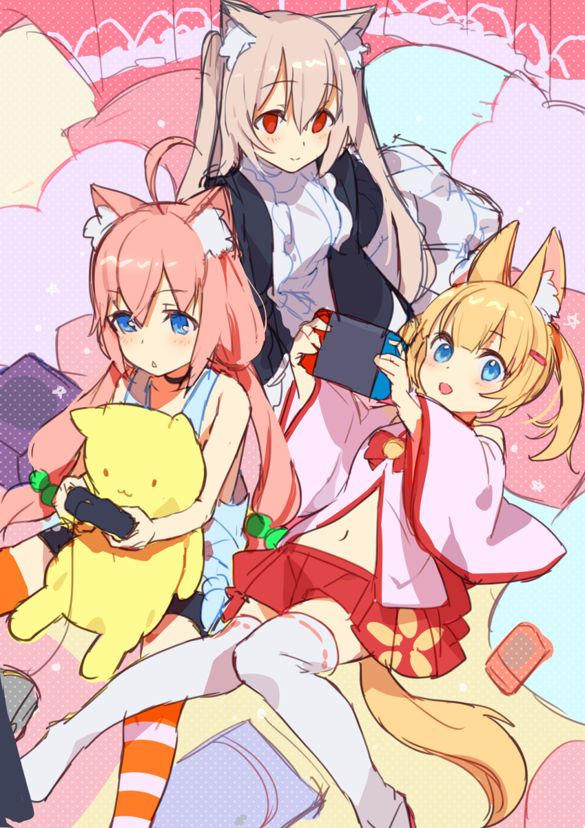 ahoge animal_ear_fluff animal_ears arms_up bike_shorts blonde_hair blue_eyes brown_hair cat_ears choker commentary_request controller detached_sleeves dress fox_ears fox_tail game_controller hair_ornament hairclip highres hinata_channel hug kemomimi_oukoku_kokuei_housou knees_together_feet_apart long_hair low_twintails lying mika_pikazo mikoko_(kemomimi_oukoku_kokuei_housou) miniskirt mismatched_legwear multiple_girls navel nekomiya_hinata nintendo_switch nora_cat nora_cat_channel object_hug on_back open_clothes open_mouth open_shirt orange_legwear pink_hair pink_shirt playing_games red_eyes shirt shorts sitting skirt smile spread_legs striped striped_legwear stuffed_toy tail thighhighs twintails vest virtual_youtuber white_legwear white_vest
