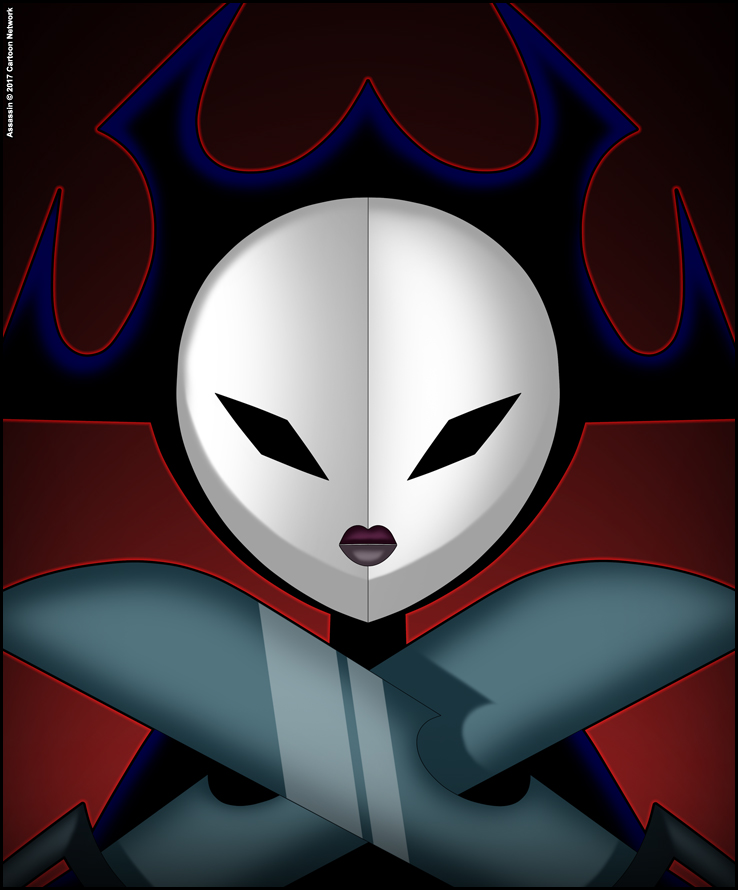 2017 aku ashi assassin cartoon_network daughters_of_aku female horn humanoid mask melee_weapon not_furry red_background samurai_jack simple_background solo verona7881 weapon