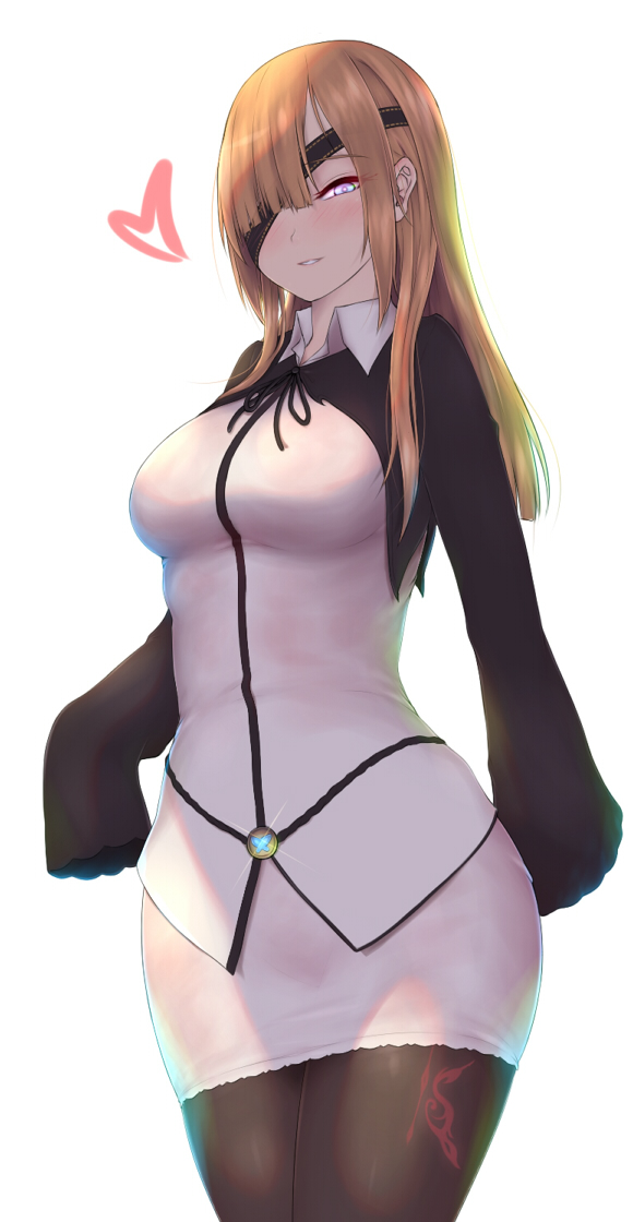 bangs black_ribbon blonde_hair blunt_bangs blush breasts brown_legwear butterfly_tattoo collared_shirt commentary_request cowboy_shot eyebrows_visible_through_hair eyepatch fate/grand_order fate_(series) glint half-closed_eyes heart hips large_breasts leg_tattoo legs_together long_hair long_sleeves looking_at_viewer neck_ribbon nikuku_(kazedesune) ophelia_phamrsolone pantyhose parted_lips pencil_skirt ribbon seductive_smile shade shirt shrug_(clothing) sidelocks simple_background skirt sleeves_past_fingers sleeves_past_wrists smile solo standing straight_hair tattoo thighs white_background white_eyes white_shirt white_skirt wing_collar