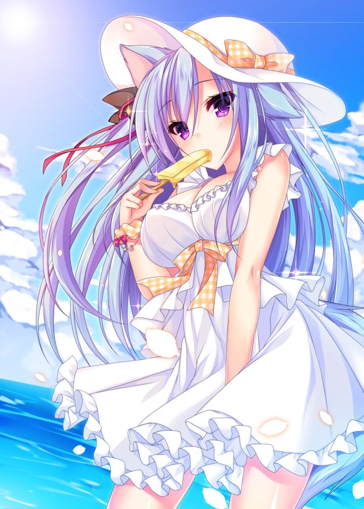 animal_ears bangs black_bow blue_hair blue_sky blush bow breasts cat_ears cleavage cloud commentary_request covered_mouth day dress dutch_angle eyebrows_visible_through_hair food hair_between_eyes hair_bow hair_ribbon hat hat_bow hinamushi_(shokuyou) holding holding_food horizon large_breasts long_hair ocean one_side_up orange_bow orange_scrunchie original outdoors plaid plaid_bow plaid_scrunchie popsicle purple_eyes red_ribbon ribbon scrunchie sky sleeveless sleeveless_dress solo standing sun_hat very_long_hair water white_dress white_hat wrist_scrunchie