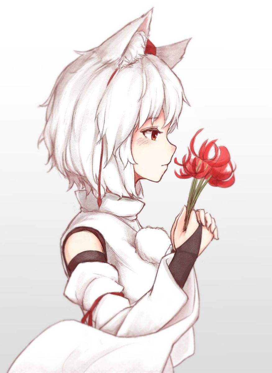 bad_id bad_pixiv_id banned_artist bimuri blush closed_mouth commentary eyebrows_visible_through_hair flower from_side hat highres holding holding_flower inubashiri_momiji looking_away red_eyes red_hat short_hair solo tokin_hat touhou upper_body white_hair