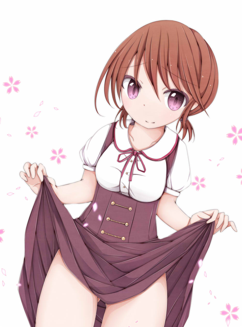 ass_visible_through_thighs breasts brown_hair codemofel collarbone commentary_request dress dress_lift eyebrows_visible_through_hair floral_background hair_between_eyes highres kantai_collection lifted_by_self looking_at_viewer low_twintails meme_attire petals purple_eyes sailor_collar shirayuki_(kantai_collection) short_hair short_sleeves small_breasts smile solo twintails virgin_killer_outfit
