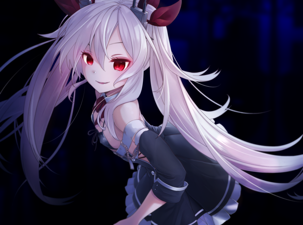 azur_lane bangs bare_shoulders bikini_top black_bikini_top black_dress blush bow commentary_request detached_sleeves dress fang front-tie_bikini front-tie_top hair_between_eyes hair_ribbon leaning_forward long_hair long_sleeves looking_at_viewer looking_to_the_side parted_lips pleated_dress red_bow red_eyes red_ribbon ribbon silver_hair smile solo sumi_(kjtd2458) twintails v-shaped_eyebrows vampire_(azur_lane) very_long_hair