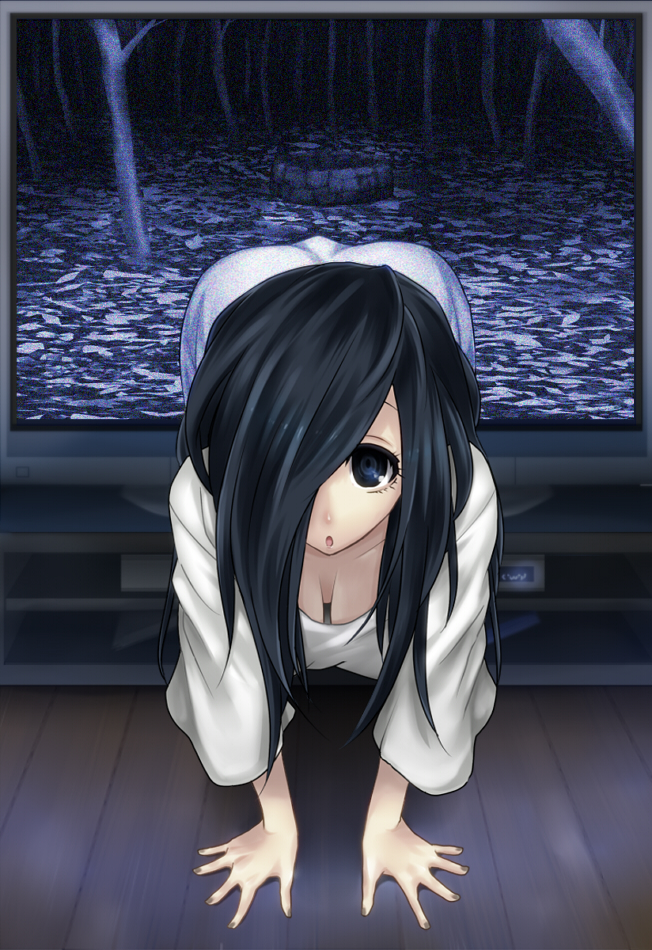 :o ajino_(sakanahen) all_fours black_eyes black_hair breasts commentary_request downblouse hair_over_one_eye hanging_breasts long_hair looking_at_viewer solo television the_ring through_screen well wooden_floor yamamura_sadako