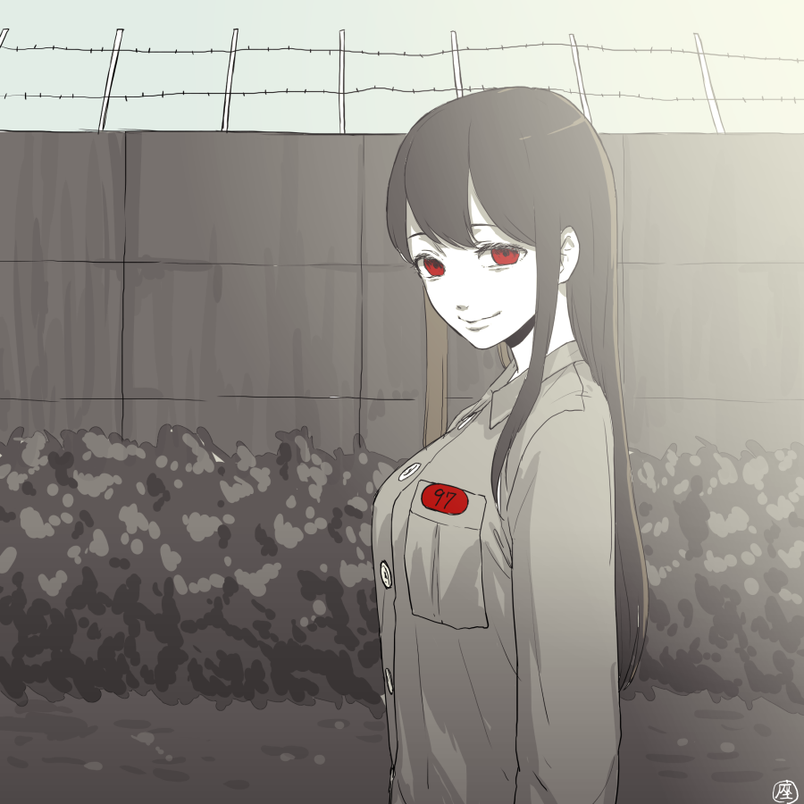 akagi_(kantai_collection) alternate_costume barbed_wire breast_pocket breasts bush buttons closed_mouth clothes_writing collared_shirt kantai_collection long_hair long_sleeves looking_at_viewer monochrome outdoors pocket prisoner red_eyes shirt signature smile solo spot_color upper_body wall zabuton_dorobou