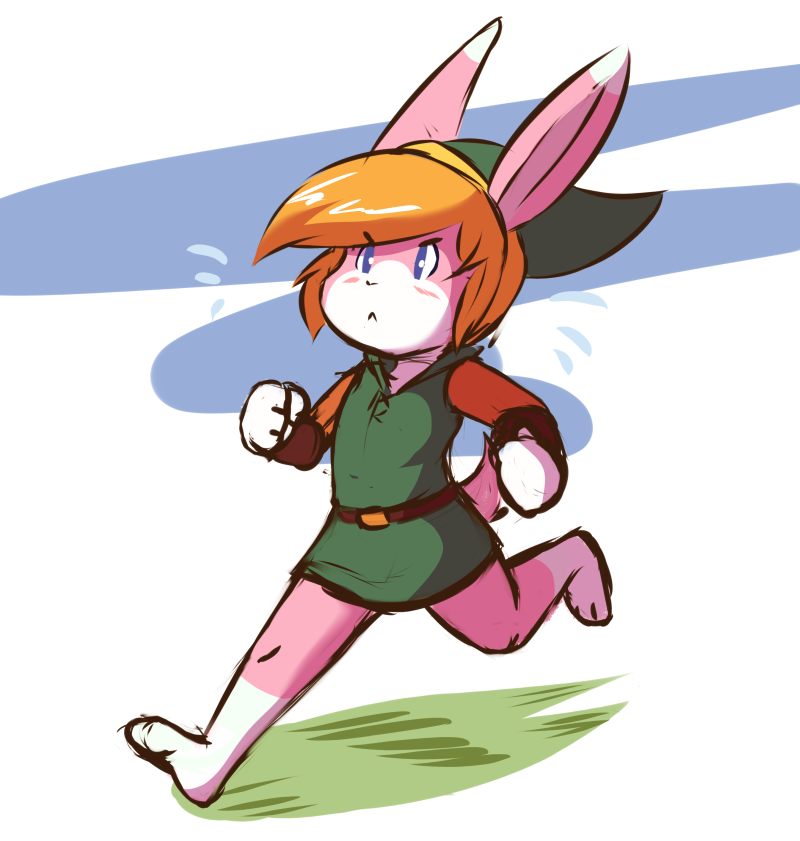 belt blush clothing crackers hat lagomorph link_(rabbit_form) male mammal nintendo no_porn rabbit running simple_background solo the_legend_of_zelda video_games white_background