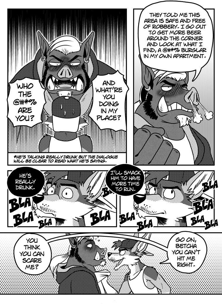 2017 angry anthro backwards_baseball_cap baseball_cap boar canine chacal_(character) clothed clothing comic dialogue drunk duo ear_piercing english_text facial_hair gabshiba goatee gralix greyscale hat intimidate jackal male mammal monochrome mustache piercing porcine profanity shirt speech_bubble tank_top text thought_bubble tusks yelling