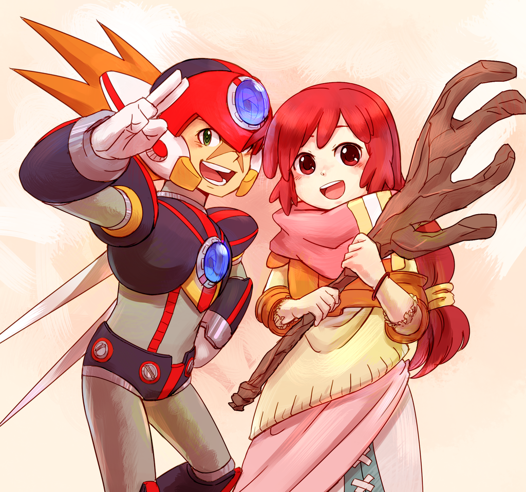 1boy 1girl android axl blush brown_eyes brown_hair child crossover gloves green_eyes hand_on_hip helmet log_horizon long_hair low-tied_long_hair open_mouth red_hair robot rockman salute scar serara simple_background smile solo spiked_hair staff teeth tentokki two-finger_salute white_gloves