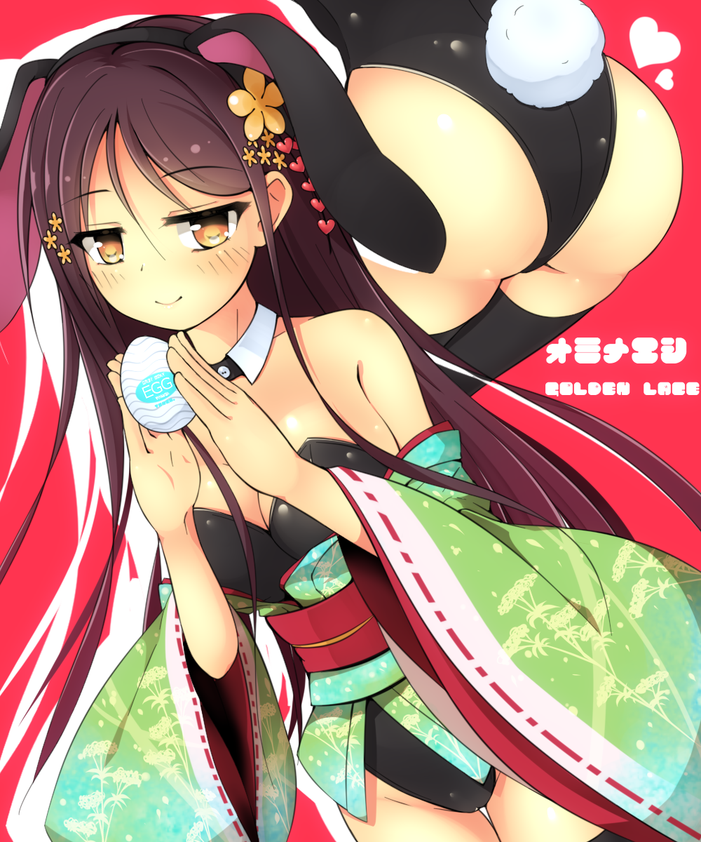 animal_ears ass bangs bare_shoulders black_legwear black_leotard blush breasts brown_hair bunny_ears bunny_girl bunnysuit cleavage closed_mouth cowboy_shot detached_collar easter_egg egg eyebrows_visible_through_hair flower_knight_girl green_kimono hair_between_eyes heart highres japanese_clothes kimono large_breasts leotard long_sleeves looking_at_viewer obi off_shoulder ominaeshi_(flower_knight_girl) orange_eyes outline red_background sash smile solo standing thigh_gap thighhighs whether white_outline wide_sleeves wing_collar