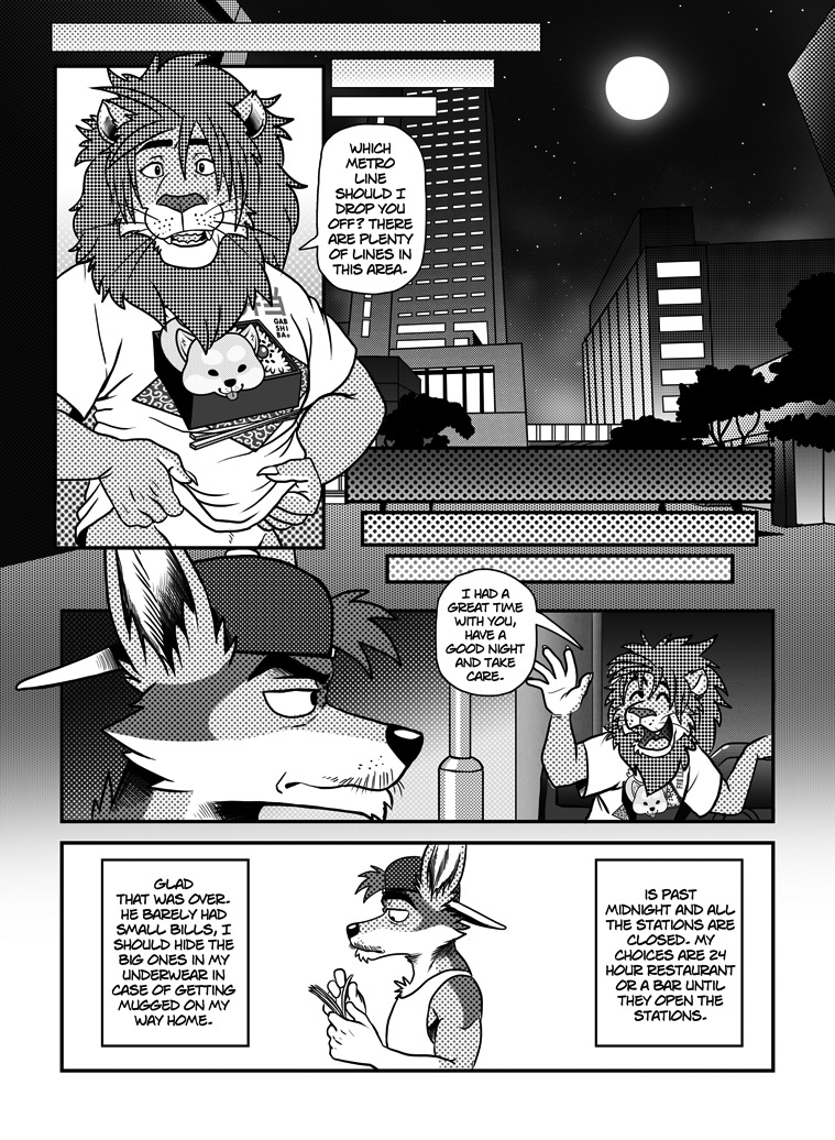 2017 anthro anthro_on_anthro backwards_baseball_cap baseball_cap bottomless canine chacal_(character) clothed clothing comic duo english_text facial_hair feline gabshiba greyscale hat jackal lion male male/male mammal money monochrome mustache shirt smile speech_bubble t-shirt tank_top text whiskers