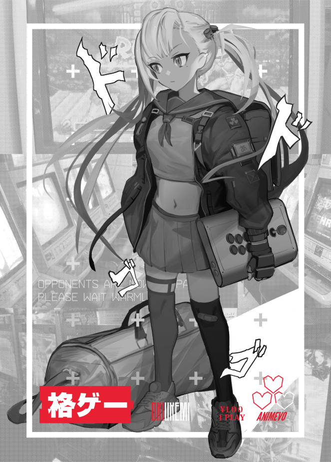 arcade_cabinet arcade_stick bag bandaid bandaid_on_knee bangs closed_mouth commentary controller english_commentary fingerless_gloves game_controller gloves godsh0t greyscale holding jacket joystick kneehighs long_hair long_sleeves midriff mole mole_under_eye monochrome navel neckerchief open_clothes open_jacket original pleated_skirt sailor_collar school_uniform serafuku shirt shoes skirt solo thighhighs twintails very_long_hair zettai_ryouiki