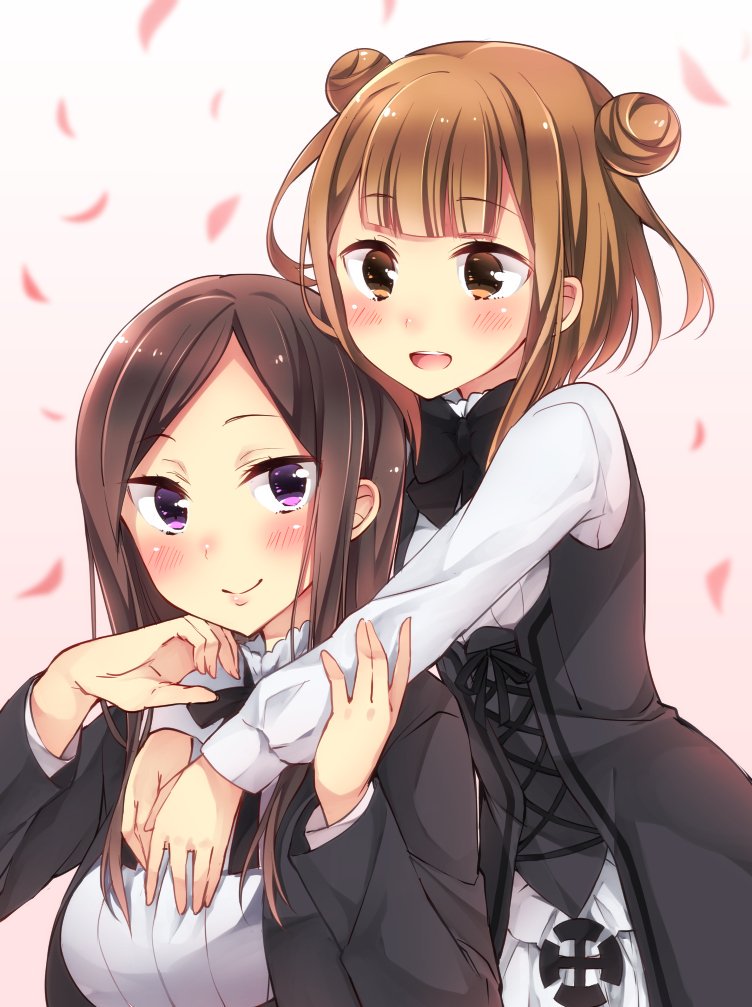 :d beatrice_(princess_principal) black_neckwear black_ribbon blush brown_eyes brown_hair closed_mouth dorothy_(princess_principal) double_bun eyebrows_visible_through_hair gradient gradient_background long_hair long_sleeves looking_at_viewer multiple_girls neck_ribbon open_mouth outstretched_arms petals princess_principal purple_eyes ribbon school_uniform sk02 smile