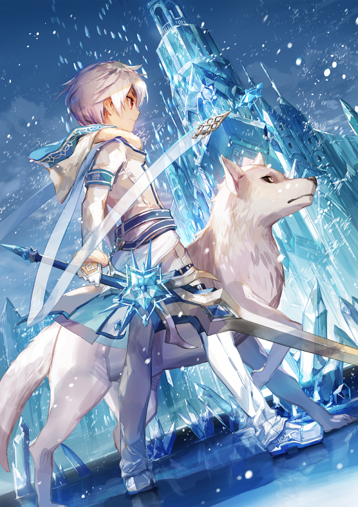 castle elsword elsword_(character) glacier gloves hood hooded_jacket ice jacket pants red_eyes scorpion5050 shirt snowing standing sword weapon white_footwear white_gloves white_hair white_pants white_shirt wolf