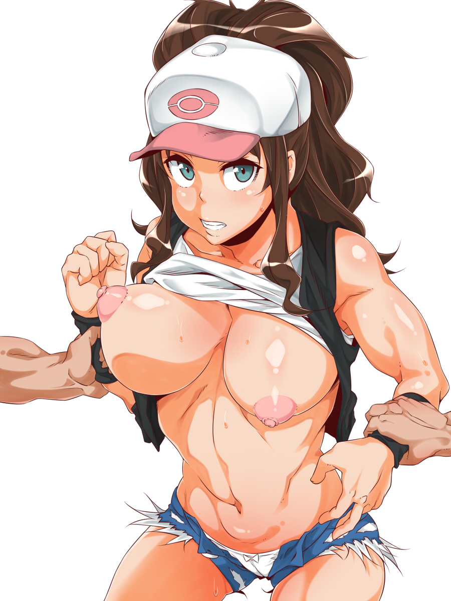 1girl areolae bare_shoulders baseball_cap black_vest blue_eyes blue_shorts blush bow bow_panties breasts brown_hair cameltoe clenched_teeth collarbone cowboy_shot disembodied_limb female hand_up hat highres ko1444 large_breasts looking_at_viewer micro_shorts muscle muscular_female navel nipples no_bra open_fly panties poke_ball_theme pokemon pokemon_(game) pokemon_bw ponytail puffy_nipples restrained shiny shiny_hair shiny_skin shirt shirt_lift short_shorts shorts simple_background sleeveless sleeveless_shirt solo standing sweat sweatband teeth textless tied_hair torn_clothes torn_shorts touko_(pokemon) underwear vest white_background white_hat white_panties white_shirt wrist_grab