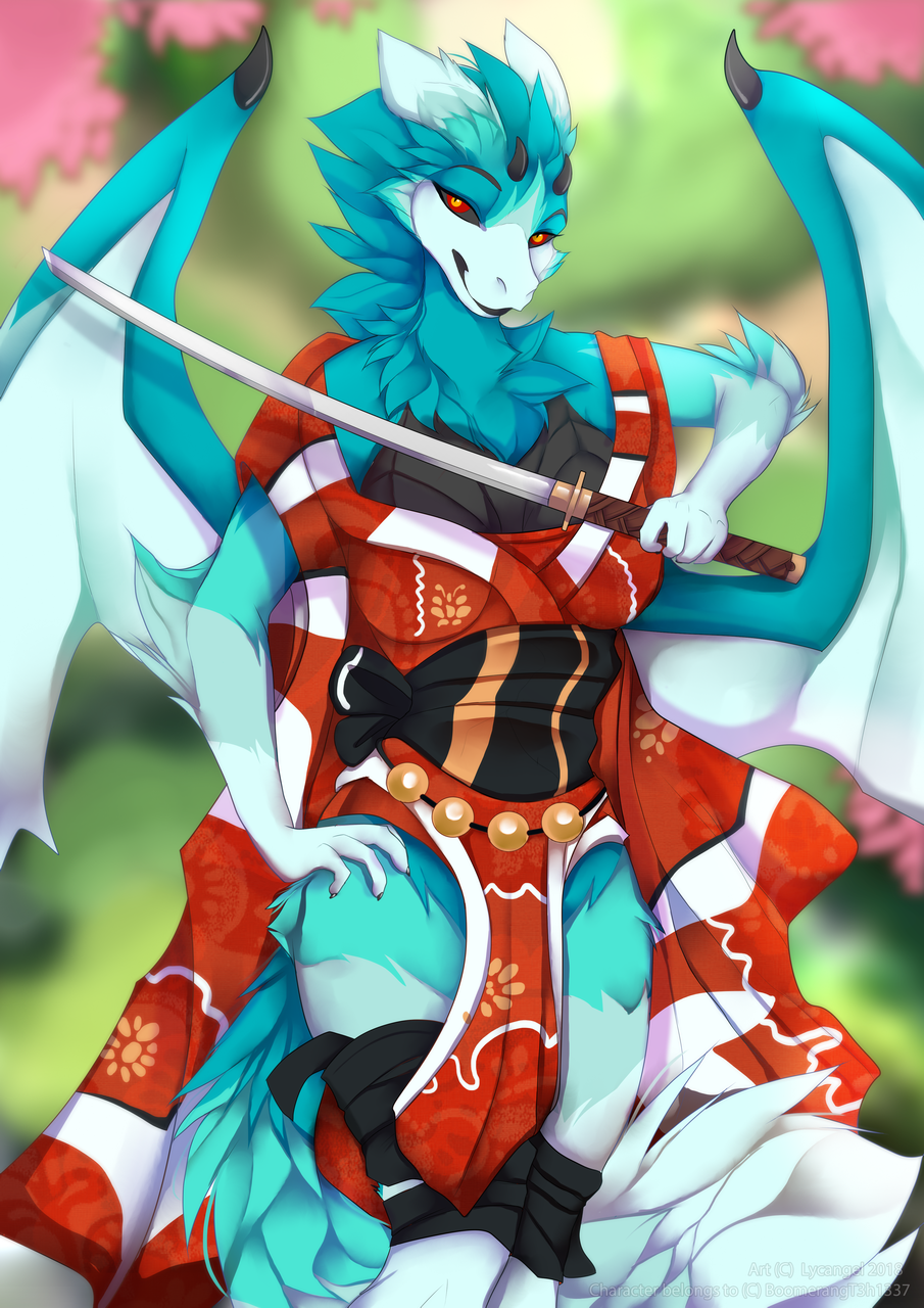 2018 5_fingers anthro black_sclera blue_fur blurred_background breasts clothed clothing detailed_background digital_media_(artwork) dragon female fur furred_dragon hi_res holding_object holding_weapon lycangel melee_weapon membranous_wings solo standing sword weapon wings