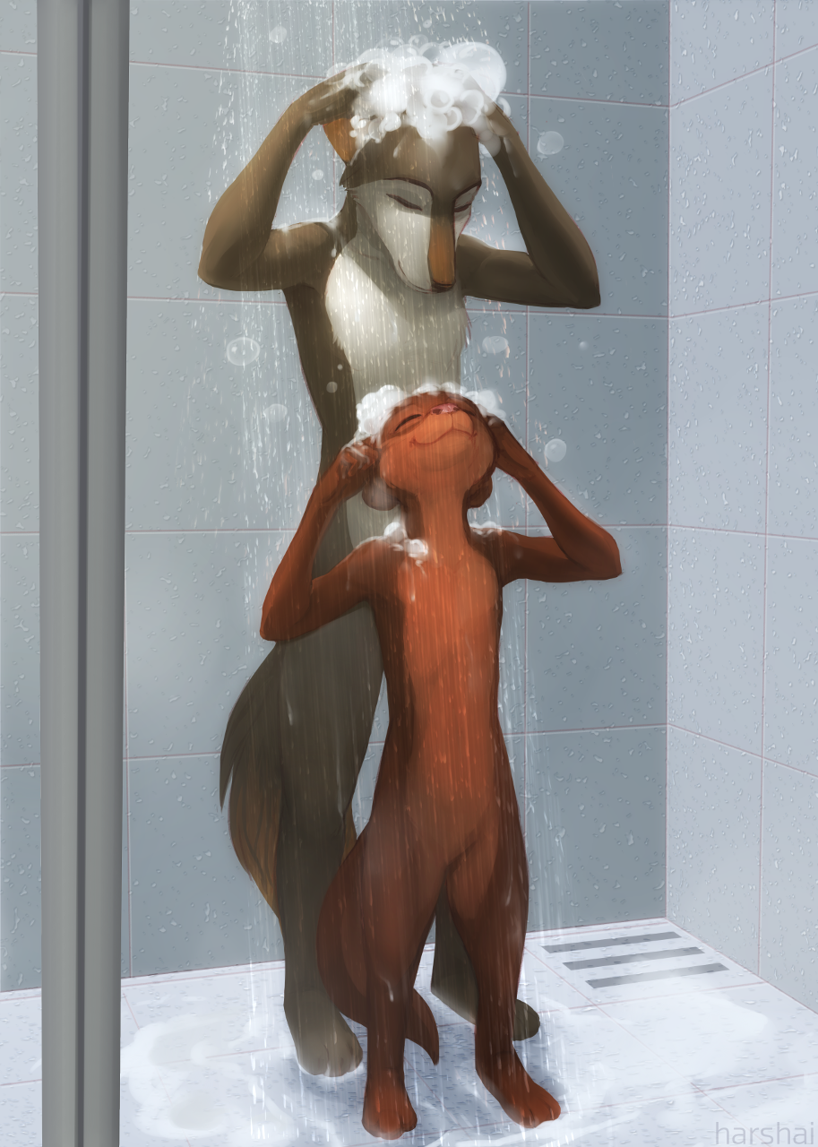 bathing brown_fur canine cleaning disney eyes_closed fan_character featureless_crotch female fur harshai larger_female lutrine male mammal married_couple murana_wolford_(darkflame-wolf) mustelid nude otter shower size_difference smaller_male smile wolf zootopia