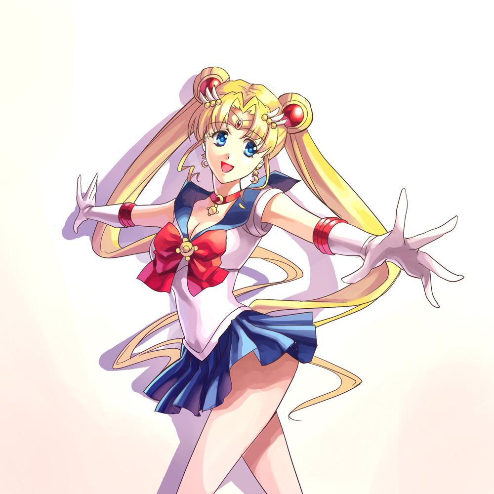1girl :d bishoujo_senshi_sailor_moon blonde_hair blue_eyes blue_sailor_collar blue_skirt bow bowtie breasts chocofox choker cleavage double_bun eyebrows_visible_through_hair floating_hair gloves long_hair medium_breasts miniskirt open_mouth outstretched_arms pleated_skirt red_bow red_neckwear sailor_collar sailor_moon sailor_senshi_uniform shirt simple_background skirt sleeveless sleeveless_shirt smile solo twintails very_long_hair white_background white_gloves white_shirt
