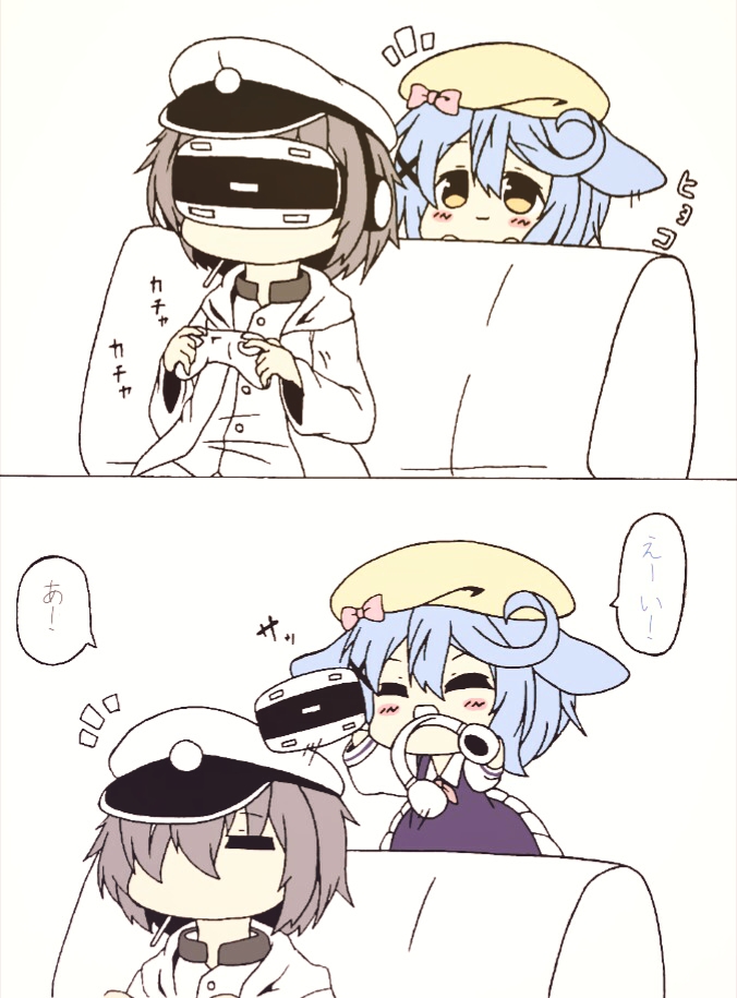 1girl 2koma :d =_= animal_ears azur_lane bangs beret blue_dress blue_hair blush bow brown_eyes brown_hair chibi cigarette closed_eyes closed_mouth comic commander_(azur_lane) commentary_request controller dress eyebrows_visible_through_hair game_controller hair_between_eyes hair_ornament hair_over_one_eye hat headphones holding jacket kurukurumagical long_sleeves military_hat military_jacket minazuki_(azur_lane) mouth_hold notice_lines open_clothes open_jacket open_mouth peaked_cap pink_bow shirt sitting sleeveless sleeveless_dress smile translation_request vr_visor white_hat white_jacket white_shirt x_hair_ornament yellow_hat