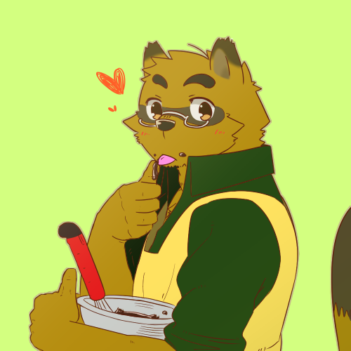 &lt;3 2014 anthro blush brown_fur canine clothed clothing cooking eyewear fur glasses kounosuke_(morenatsu) male mammal morenatsu resub221 simple_background slightly_chubby solo tanuki