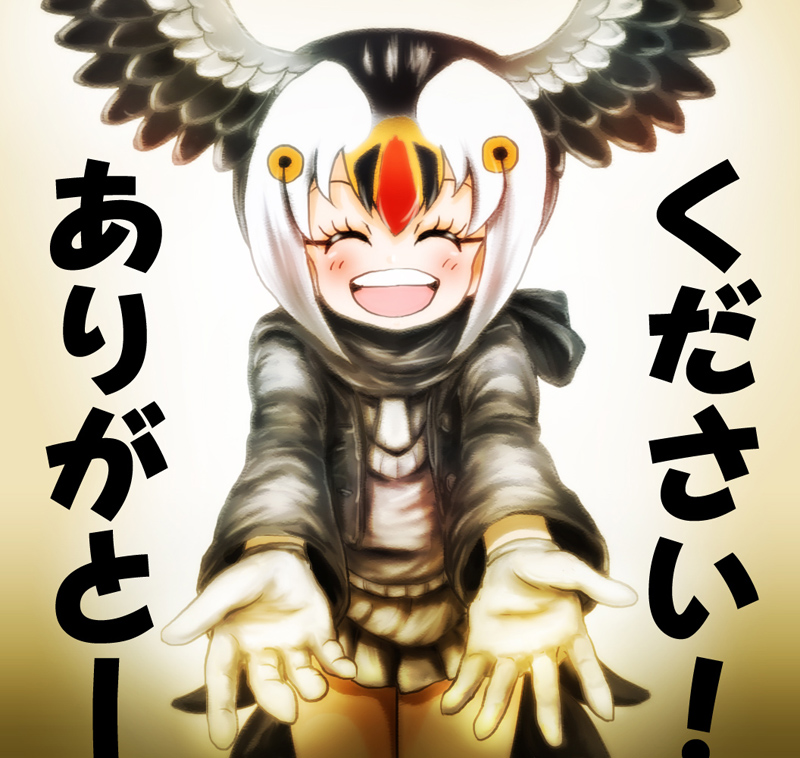 ^_^ atlantic_puffin_(kemono_friends) bird_tail bird_wings black_hair black_jacket black_scarf blonde_hair buttons closed_eyes commentary facing_viewer foreshortening gloves grey_skirt hair_between_eyes hands_up head_wings jacket kemono_friends long_sleeves medium_hair multicolored_hair necktie open_clothes open_jacket open_mouth outstretched_arms outstretched_hand pink_sweater reaching_out red_hair scarf skirt smile solo spread_wings standing stealstitaniums sweater tail translation_request unbuttoned upper_body upper_teeth white_hair white_neckwear wings |d