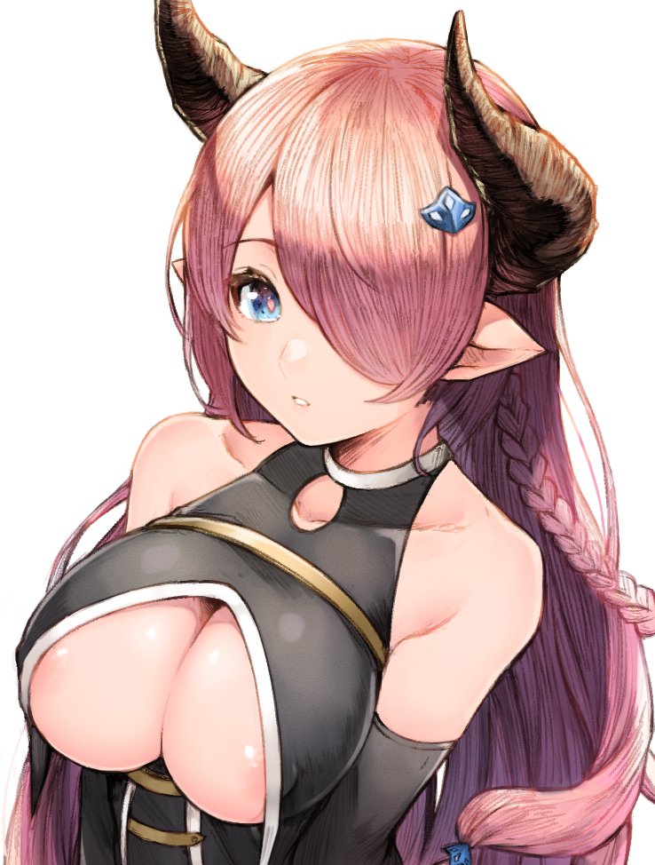 areola_slip areolae bare_shoulders blue_eyes braid breasts cleavage cleavage_cutout collarbone covered_collarbone covered_nipples elbow_gloves erect_nipples gloves granblue_fantasy hair_over_one_eye horns koretsuki_azuma large_breasts lavender_hair long_hair looking_at_viewer narmaya_(granblue_fantasy) narumeia_(granblue_fantasy) parted_lips pointy_ears simple_background solo upper_body white_background