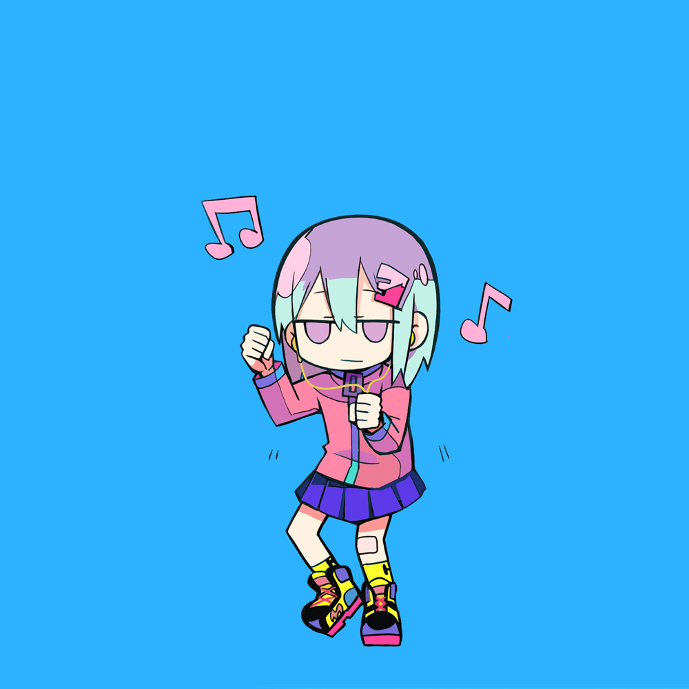 arms_up bandaged_leg bandages bangs blue_background commentary_request dancing earbuds earphones full_body hair_between_eyes headphones jacket light_smile long_sleeves looking_at_viewer motion_lines no_pupils original pink_jacket pleated_skirt shoes short_hair simple_background skirt sneakers solo tera zipper zipper_pull_tab