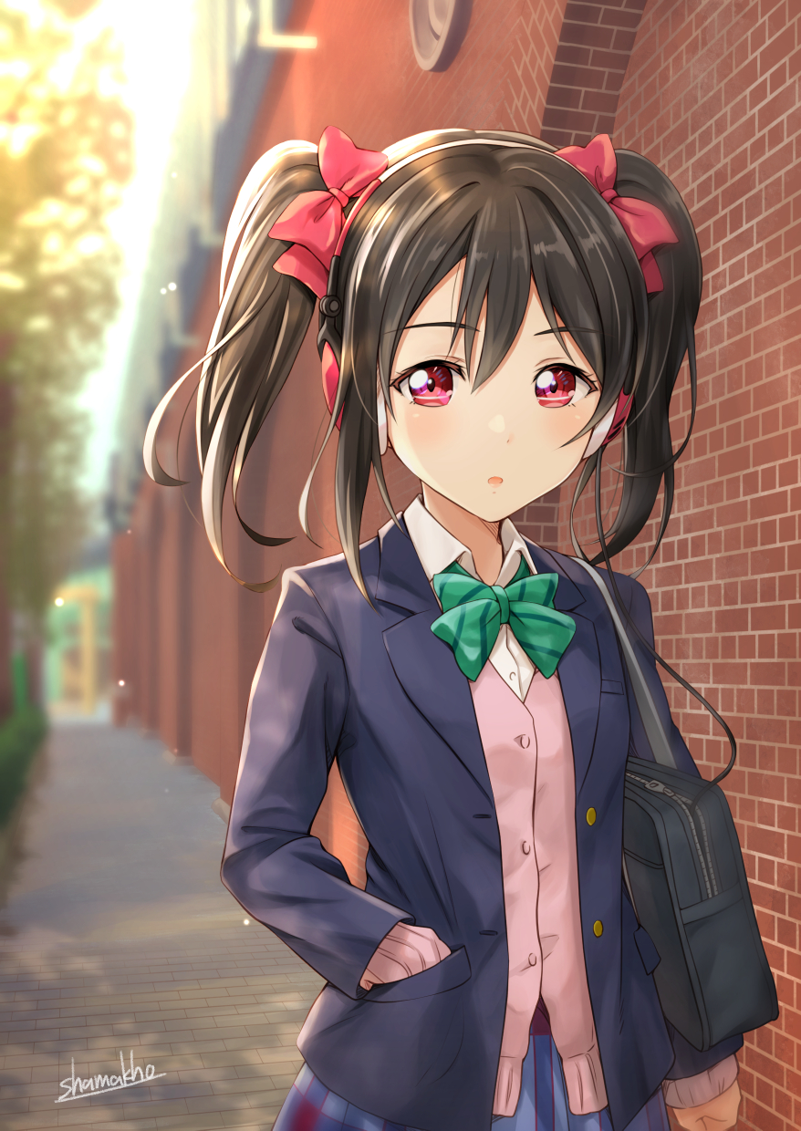 1girl :o artist_name bag bangs black_hair blazer blue_skirt blurry blurry_background bow bowtie brick_wall cable clenched_hand collared_shirt commentary_request day green_neckwear hair_bow hand_in_pocket headphones highres jacket listening_to_music long_sleeves looking_at_viewer love_live! love_live!_school_idol_project navy_blue_jacket otonokizaka_school_uniform outdoors pink_cardigan plaid plaid_skirt red_bow red_eyes school_bag school_uniform shamakho shirt sidelocks skirt solo standing striped striped_neckwear tied_hair twintails upper_body yazawa_nico
