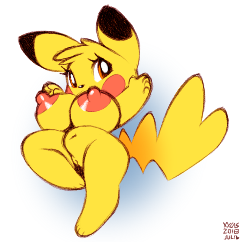 2018 anthro big_breasts big_ears big_eyes big_tail black_nose blush_sticker breasts cleft_tail dipstick_ears female front_view fur long_tail mammal navel nintendo nipples nude orange_eyes pikachu pok&eacute;mon pok&eacute;mon_(species) pussy red_nipples rodent shortstack slightly_chubby video_games xylas yellow_fur