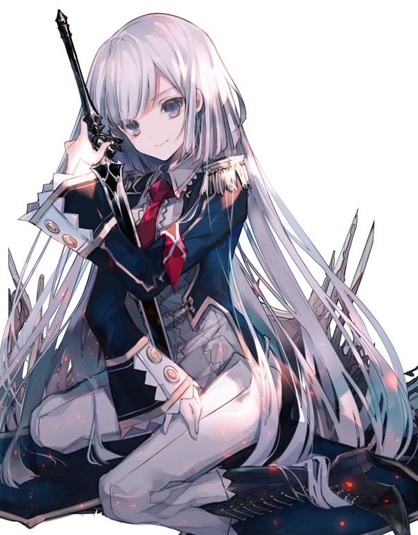 blue_jacket boots cierra_(ra-bit) commentary_request epaulettes high_heel_boots high_heels holding holding_sword holding_weapon jacket kneeling long_hair looking_at_viewer necktie novel_illustration original pants red_neckwear simple_background smile solo sword very_long_hair weapon white_background white_hair white_pants