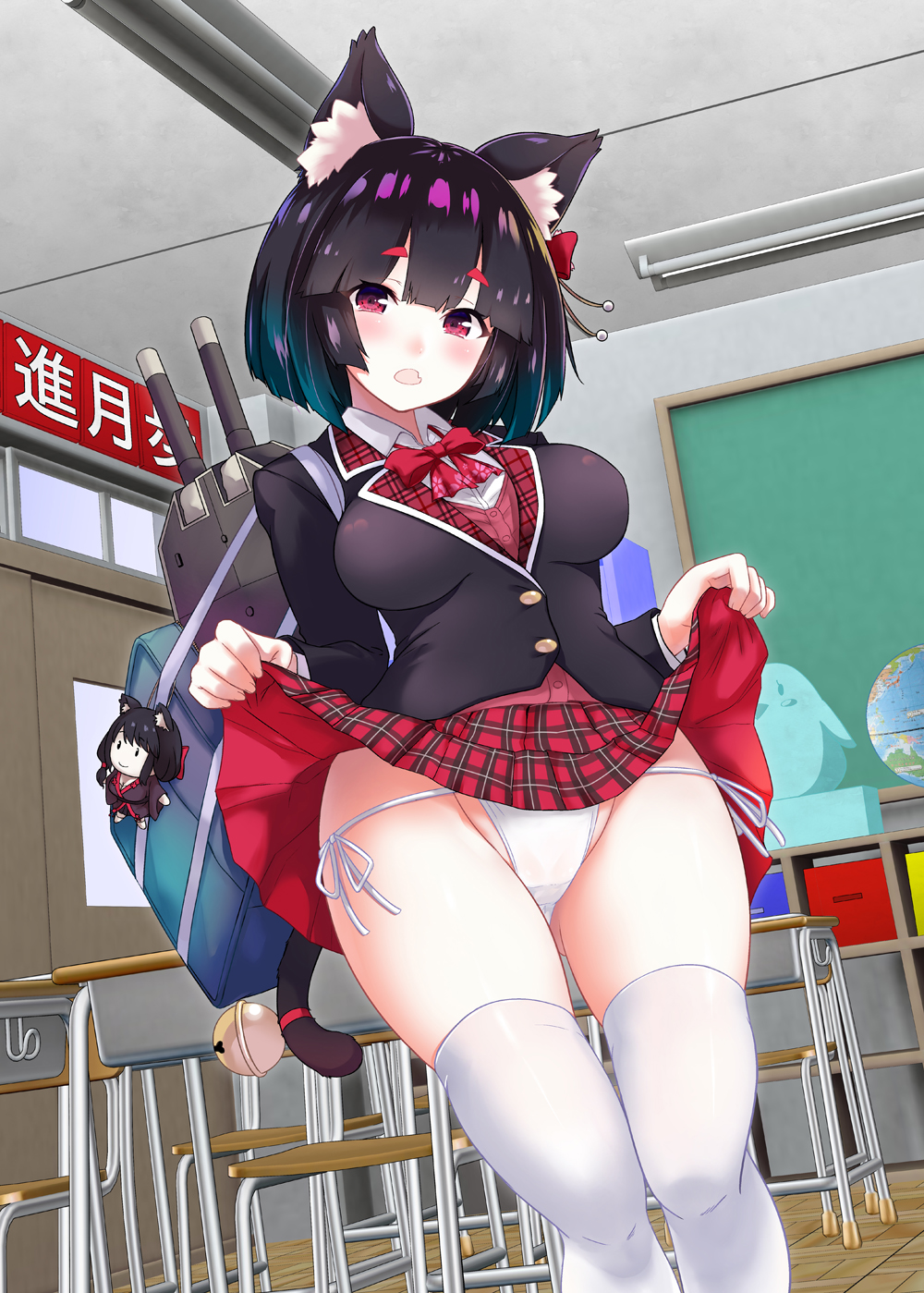alternate_costume amanogami_dai animal_ears azur_lane bag bell bird black_hair blazer breasts cannon cat_ears chalk chalkboard character_doll classroom commentary_request desk door eyebrows_visible_through_hair fusou_(azur_lane) hair_ornament highres indoors jacket keychain large_breasts lifted_by_self long_hair long_sleeves neck_ribbon open_mouth panties plaid red_shirt red_skirt ribbon school school_bag school_desk school_uniform shirt short_hair side-tie_panties skirt skirt_lift smile solo statue tail tail_bell thighhighs underwear uniform white_legwear white_panties yamashiro_(azur_lane)