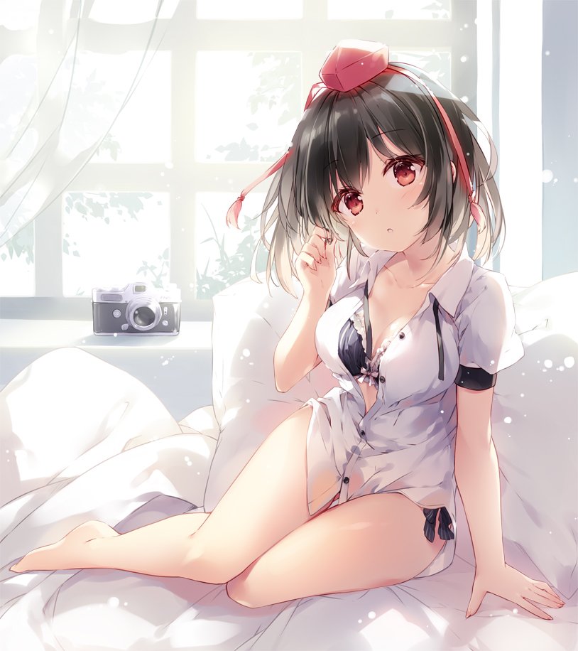1girl bare_legs barefoot black_bra black_hair black_panties bra breasts buttons camera collarbone collared_shirt commentary_request curtains day dress_shirt full_body hair_tousle hand_up hat head_tilt indoors long_hair looking_at_viewer medium_breasts mochizuki_shiina no_pants panties pillow puffy_short_sleeves puffy_sleeves red_eyes red_hat shameimaru_aya shirt short_sleeves sitting solo tassel tokin_hat touhou underwear white_shirt window wing_collar