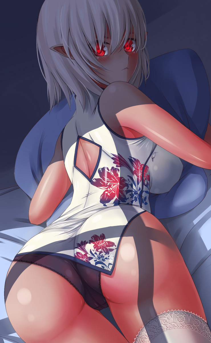 ahsiu ass bare_shoulders bed blush breasts cameltoe china_dress chinese_clothes dark_skin dress elf from_behind glowing glowing_eyes large_breasts looking_at_viewer looking_back original panties pointy_ears red_eyes shiny shiny_skin short_hair sideboob solo thighhighs underwear white_hair
