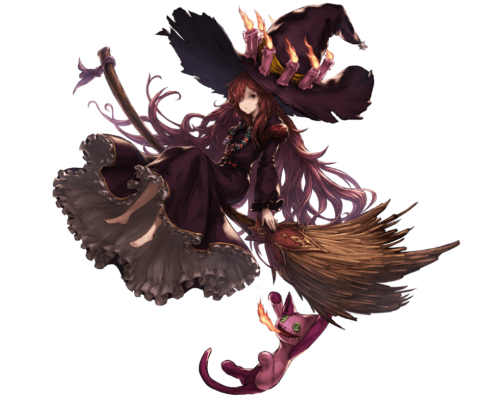 anna_(granblue_fantasy) barefoot broom candle dress fire floating_hair full_body granblue_fantasy hair_over_one_eye hat holding jewelry long_hair long_sleeves minaba_hideo necklace red_hair sitting solo stuffed_animal stuffed_toy transparent_background witch_hat